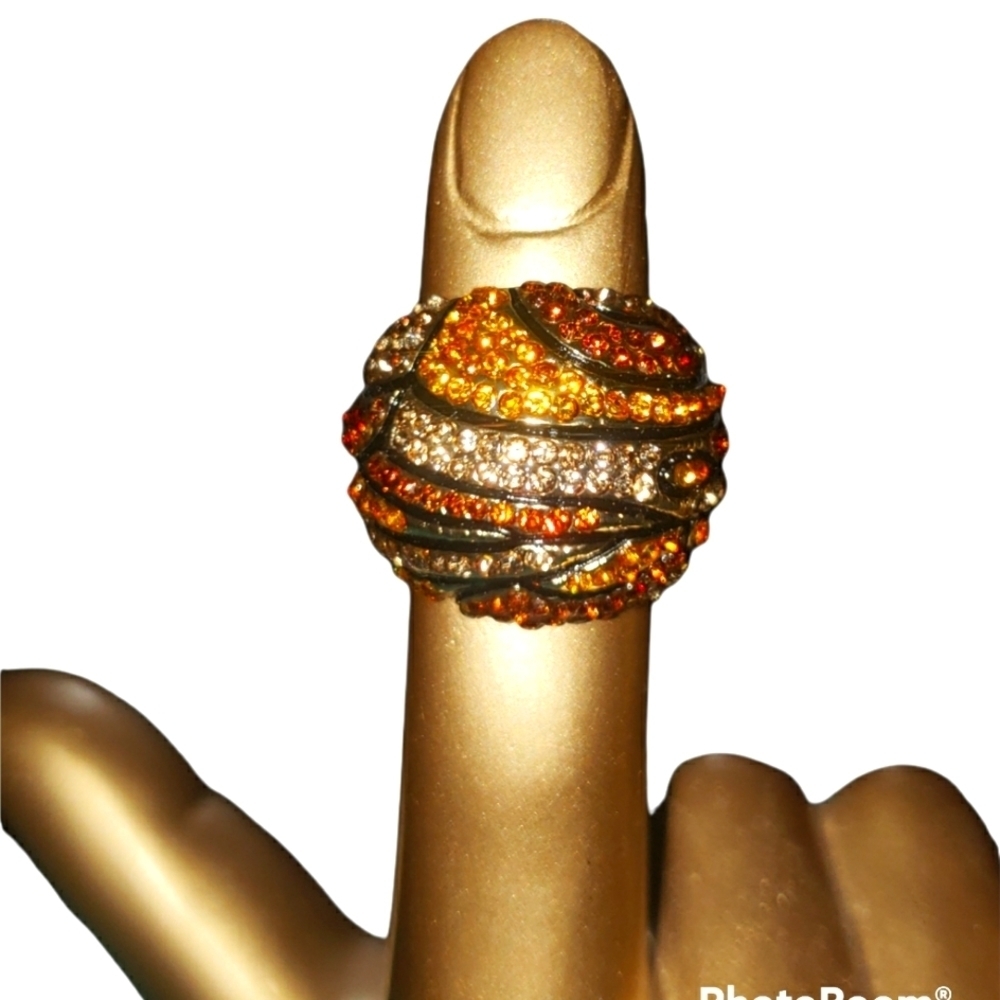 Orange & Amber Colored Round Swarovski Crystal Encrusted Ring